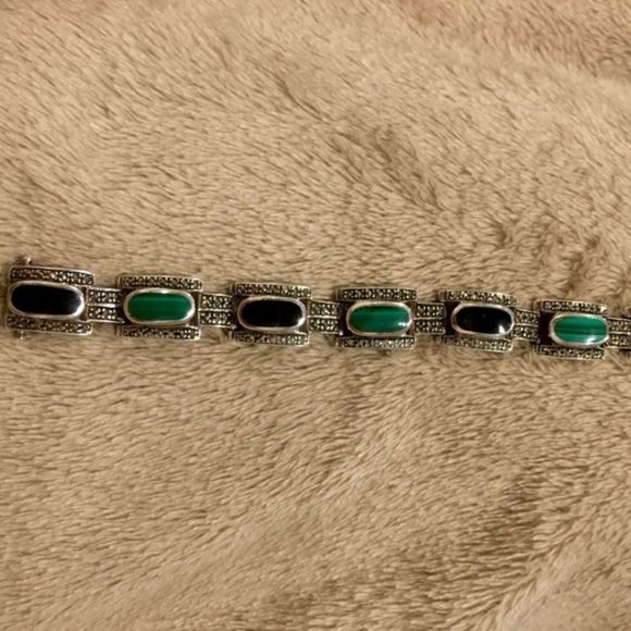 Art Deco Onyx Marcasite Malachite Sterling Silver Bracelet - Picture 5 of 13